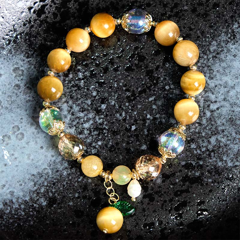 Buddha Stones天然タイガーアイビーズ グリーンリーフ 勇気ブレスレット