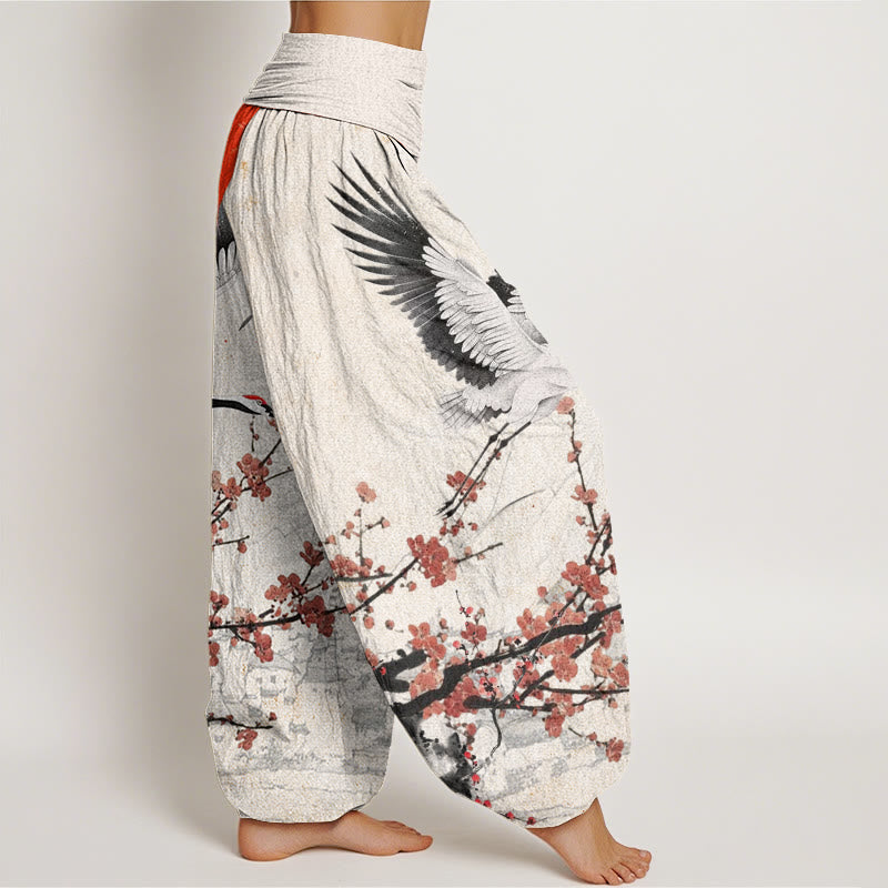 Buddha Stonesタンチョウヅル 太陽 赤い梅の花柄 レディース ウエストゴム ハーレムパンツ - image 3