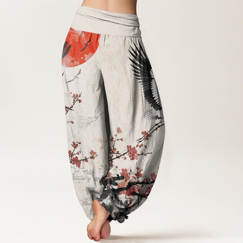 Buddha Stonesタンチョウヅル 太陽 赤い梅の花柄 レディース ウエストゴム ハーレムパンツ - image 2