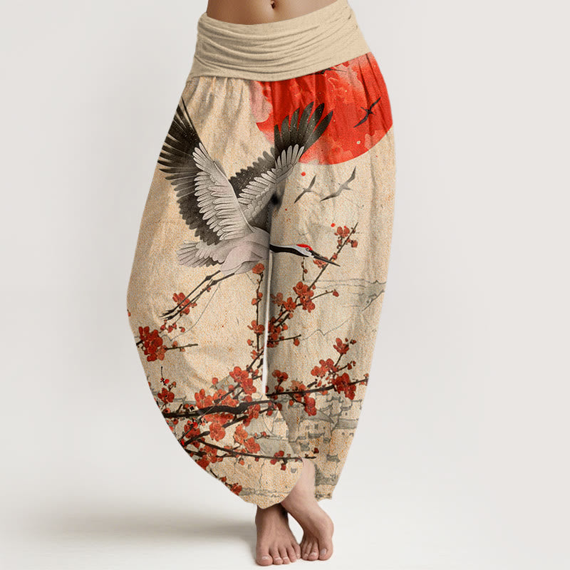 Buddha Stonesタンチョウヅル 太陽 赤い梅の花柄 レディース ウエストゴム ハーレムパンツ - カーキ - US22、 UK/AU26、 EU54 (6XL) - image 8