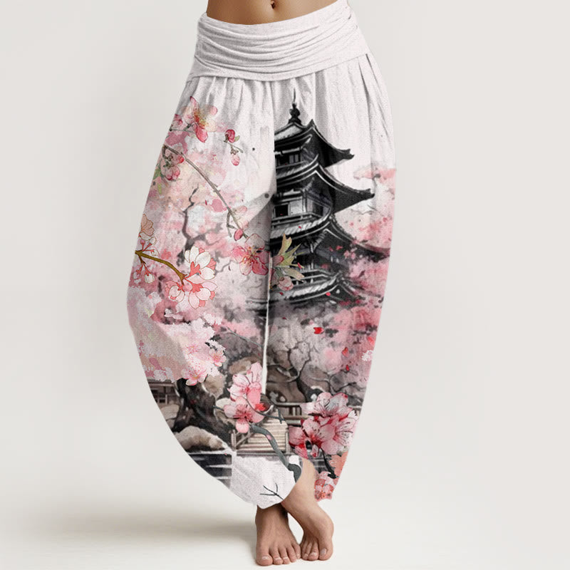 Buddha Stonesパビリオン 桜柄 レディース 伸縮性ウエスト ハーレムパンツ - 白 - US22、 UK/AU26、 EU54 (6XL) - image 1