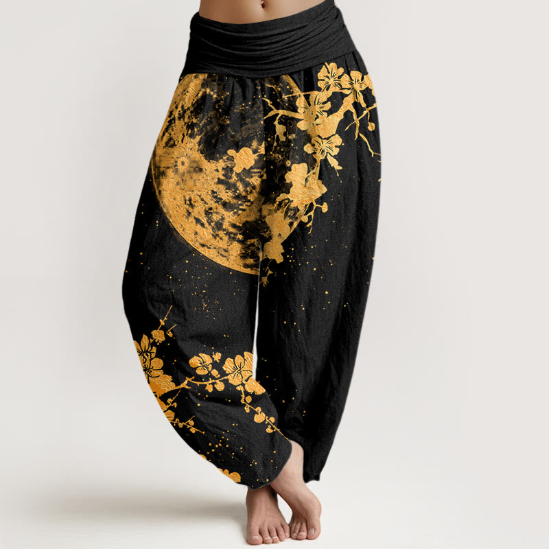 Buddha Stones金梅 満月柄 レディース ウエストゴム ハーレムパンツ - 黒 - US22、 UK/AU26、 EU54 (6XL) - image 1