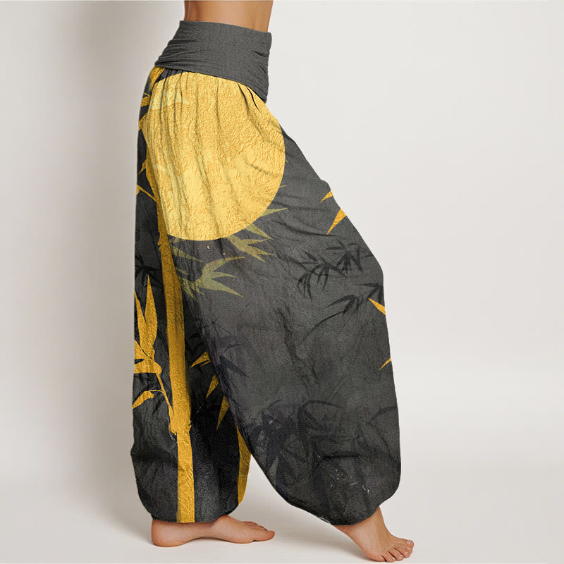 Buddha Stones、竹の葉、満月柄、レディース 伸縮性ウエスト ハーレムパンツ - image 10
