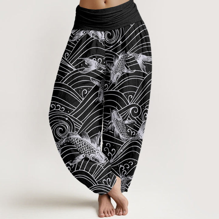 Buddha Stones鯉波模様レディース伸縮性ウエストハーレムパンツ - 黒 - US22、 UK/AU26、 EU54 (6XL) - image 8