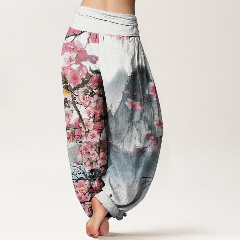 Buddha Stones、鳥、桜、山の模様、レディース 伸縮性ウエスト ハーレムパンツ - image 2