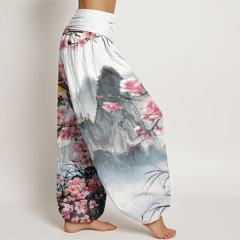 Buddha Stones、鳥、桜、山の模様、レディース 伸縮性ウエスト ハーレムパンツ - image 3