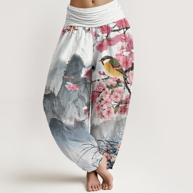 Buddha Stones、鳥、桜、山の模様、レディース 伸縮性ウエスト ハーレムパンツ - グレー - US22、 UK/AU26、 EU54 (6XL) - image 1