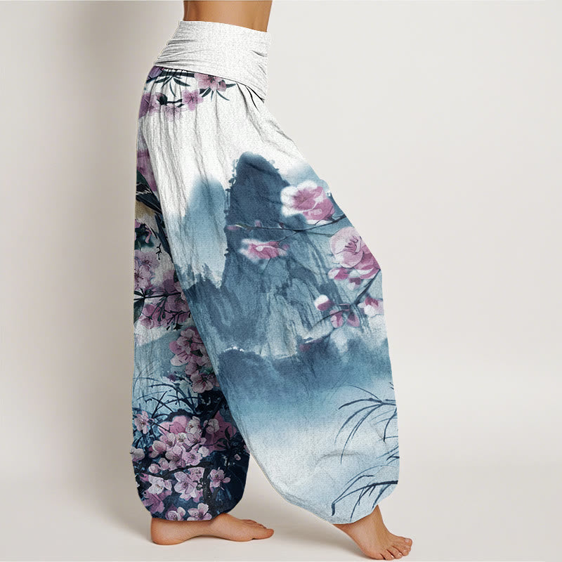 Buddha Stones、鳥、桜、山の模様、レディース 伸縮性ウエスト ハーレムパンツ - image 7