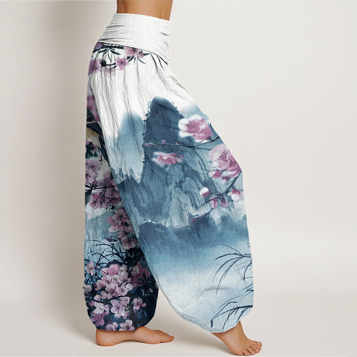 Buddha Stones、鳥、桜、山の模様、レディース 伸縮性ウエスト ハーレムパンツ - image 7