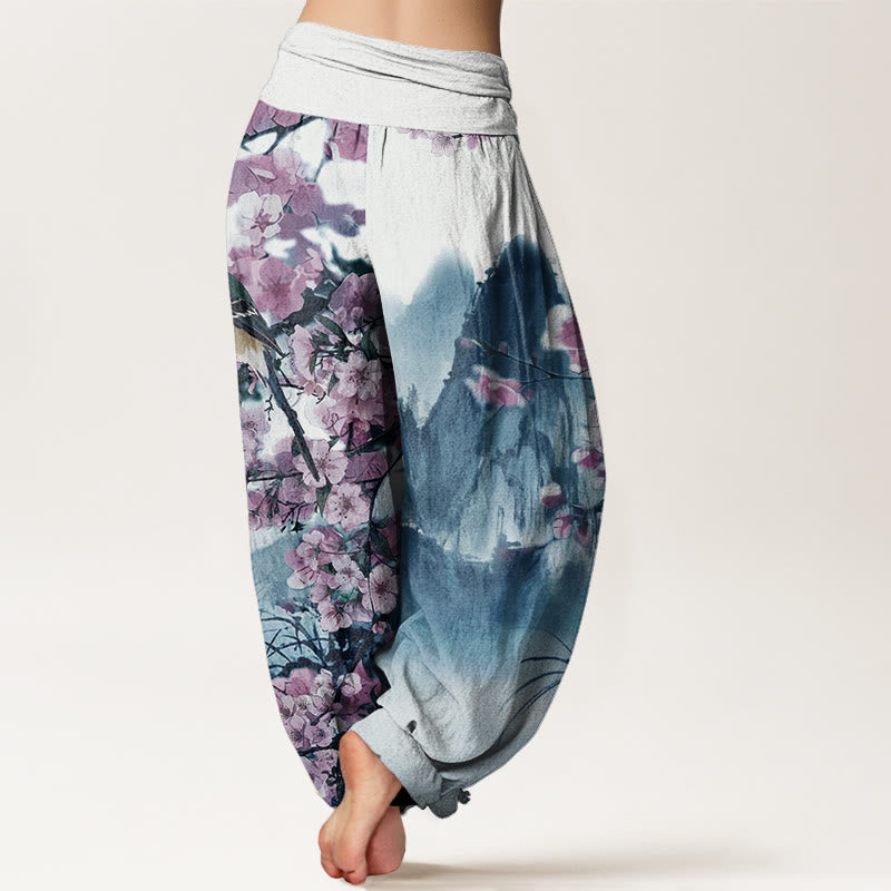 Buddha Stones、鳥、桜、山の模様、レディース 伸縮性ウエスト ハーレムパンツ - image 6