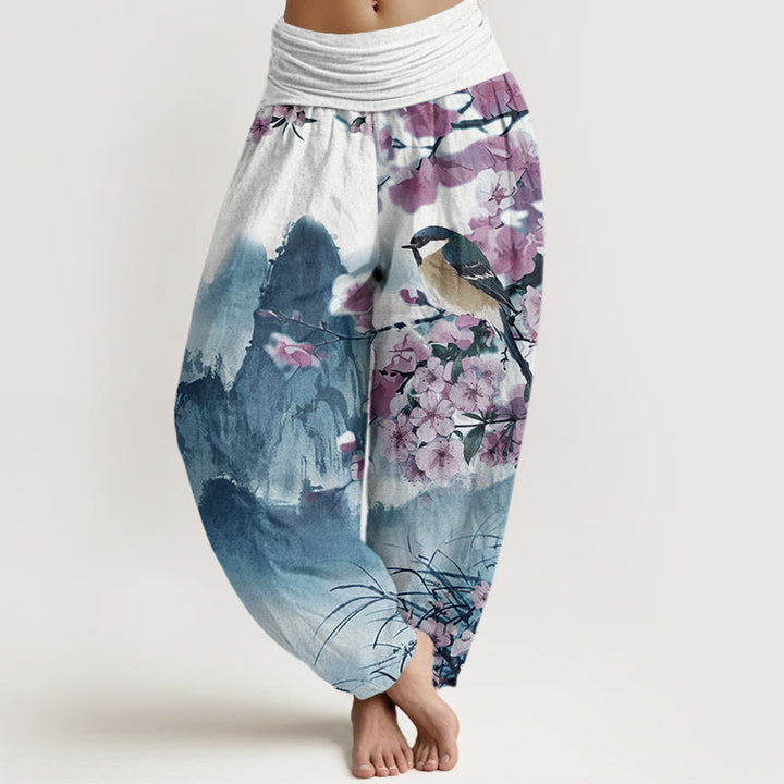 Buddha Stones、鳥、桜、山の模様、レディース 伸縮性ウエスト ハーレムパンツ - ミディアムブルー - US22、 UK/AU26、 EU54 (6XL) - image 5