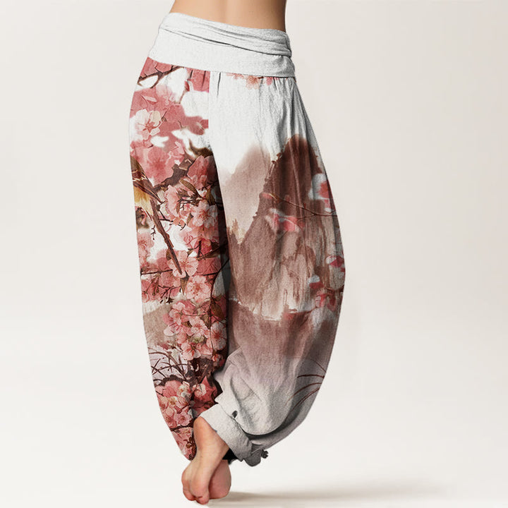 Buddha Stones、鳥、桜、山の模様、レディース 伸縮性ウエスト ハーレムパンツ - image 9