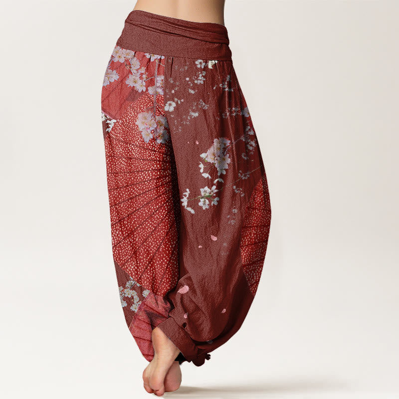 Buddha Stonesカジュアルレッドオイルペーパー傘桜柄レディース伸縮性ウエストハーレムパンツ - image 2