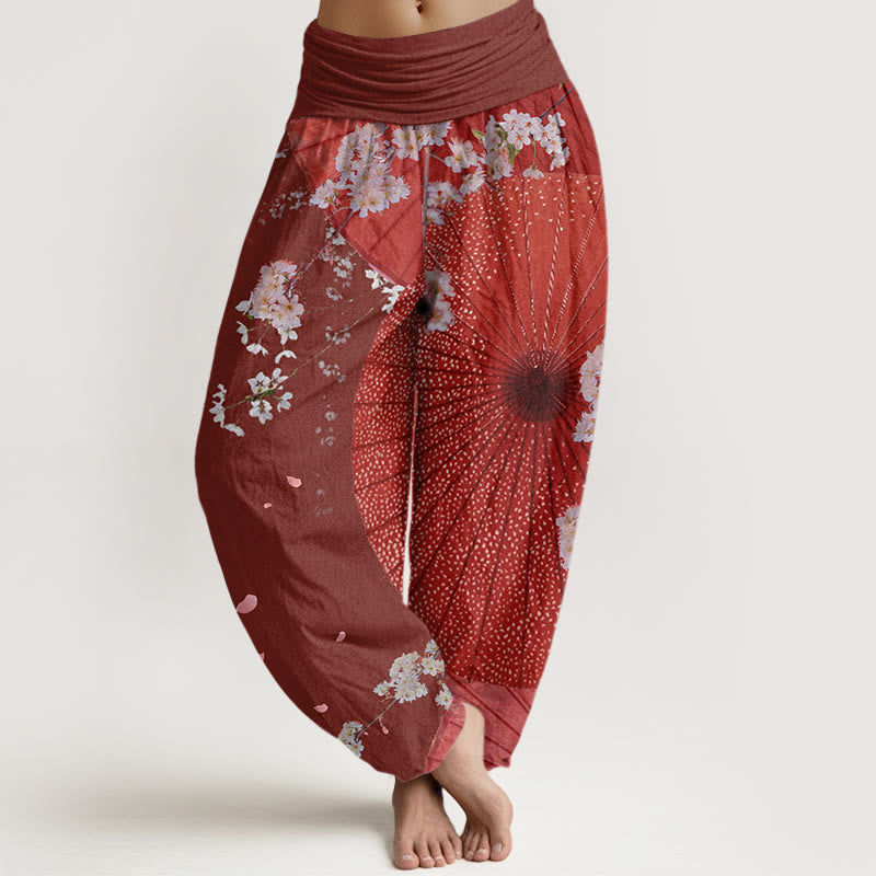 Buddha Stonesカジュアルレッドオイルペーパー傘桜柄レディース伸縮性ウエストハーレムパンツ - 茶色 - US22、 UK/AU26、 EU54 (6XL) - image 1