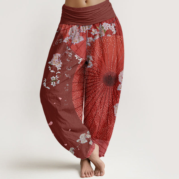 Buddha Stonesカジュアルレッドオイルペーパー傘桜柄レディース伸縮性ウエストハーレムパンツ - 茶色 - US22、 UK/AU26、 EU54 (6XL) - image 1