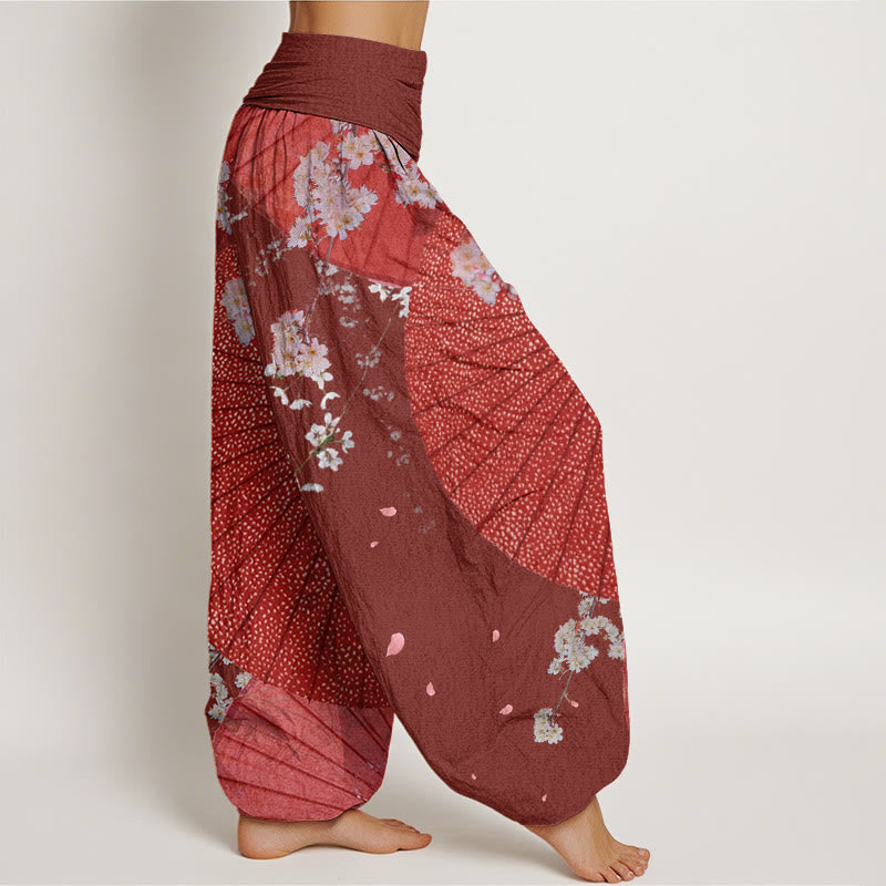 Buddha Stonesカジュアルレッドオイルペーパー傘桜柄レディース伸縮性ウエストハーレムパンツ - image 3