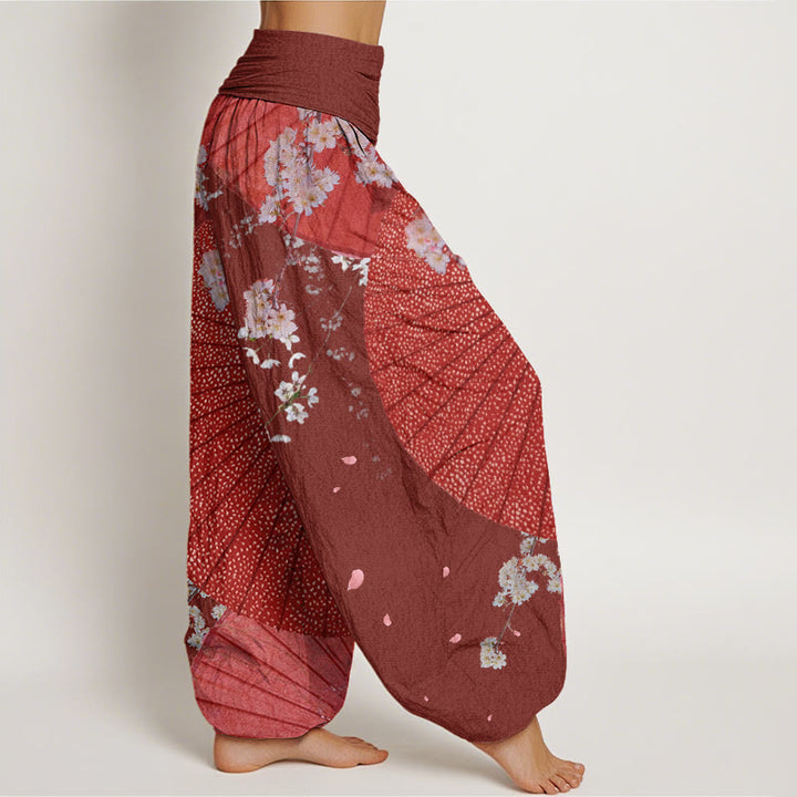 Buddha Stonesカジュアルレッドオイルペーパー傘桜柄レディース伸縮性ウエストハーレムパンツ - image 3