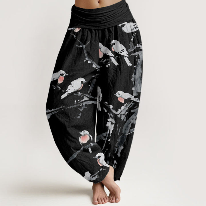 Buddha Stonesカジュアル鳥の枝柄レディース伸縮性ウエストハーレムパンツ - 黒 - US22、 UK/AU26、 EU54 (6XL) - image 1