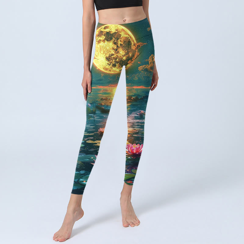 Buddha Stones、満月、蓮の花、葉柄プリントのジムレギンス、レディースヨガパンツ - image 6