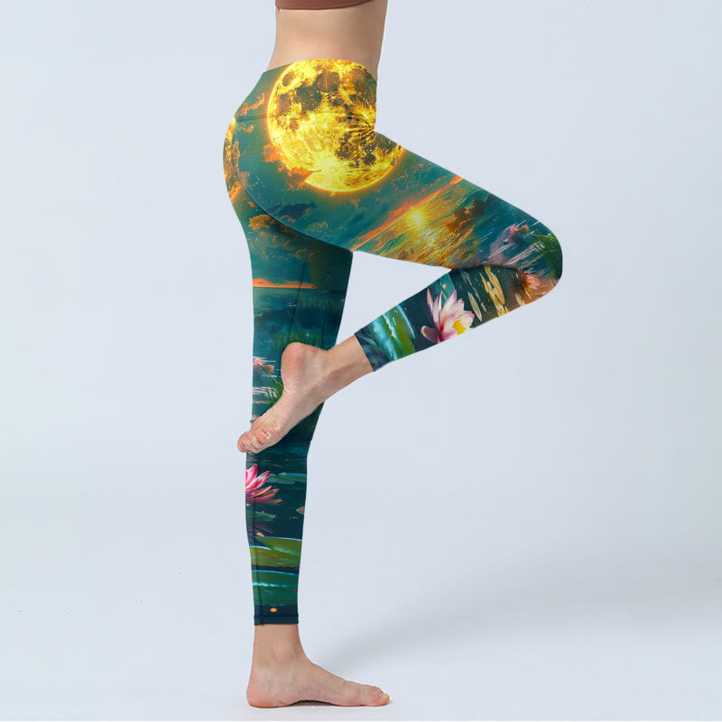 Buddha Stones、満月、蓮の花、葉柄プリントのジムレギンス、レディースヨガパンツ - image 4