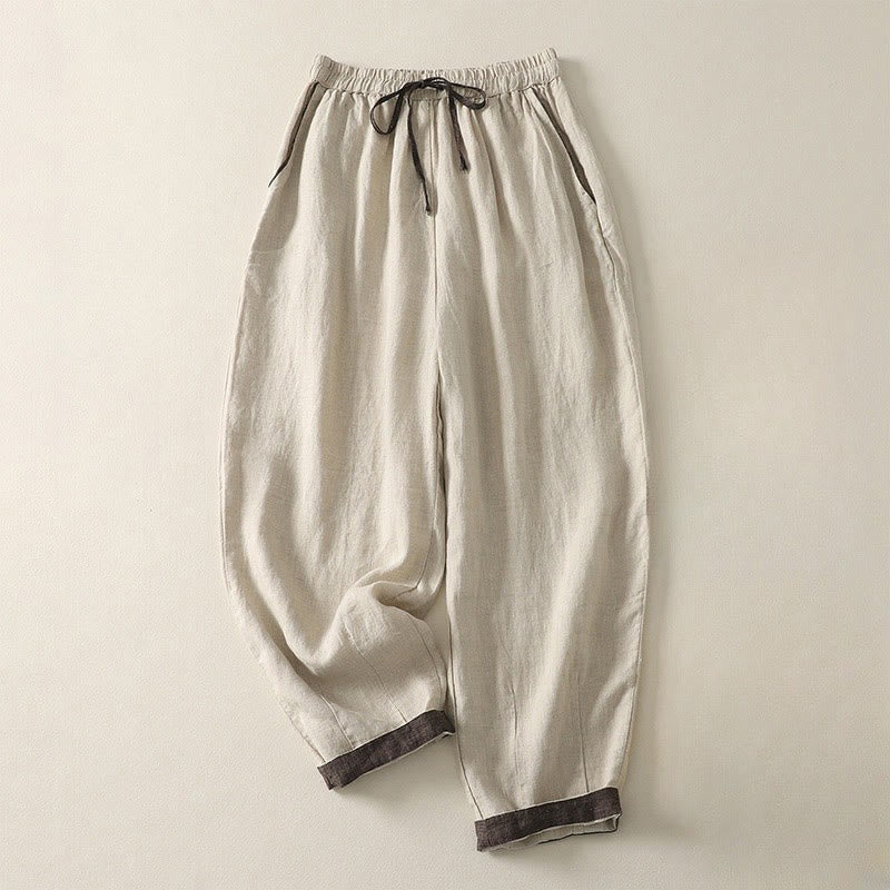 Buddha Stones夏 カジュアル 純色 ドローストリング 9丈 コットンリネン レディース ハーレムパンツ ポケット付き - リネン - US8-10，UK/AU12-14，EU40-42 (2XL) - image 0