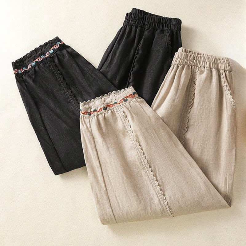 Buddha Stonesカジュアル 無地 レース サイドデザイン 7-8丈 コットンリネン レディース ハーレムパンツ ポケット付き - image 32