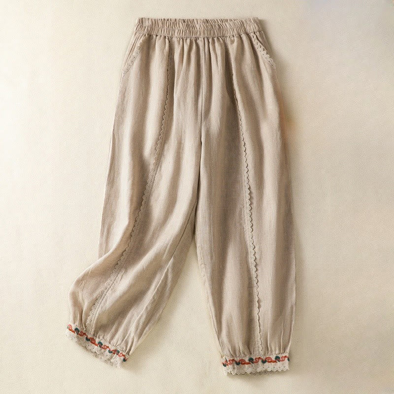 Buddha Stonesカジュアル 無地 レース サイドデザイン 7-8丈 コットンリネン レディース ハーレムパンツ ポケット付き - ペールゴールデンロッド - US8-10，UK/AU12-14，EU40-42 (2XL) - image 0