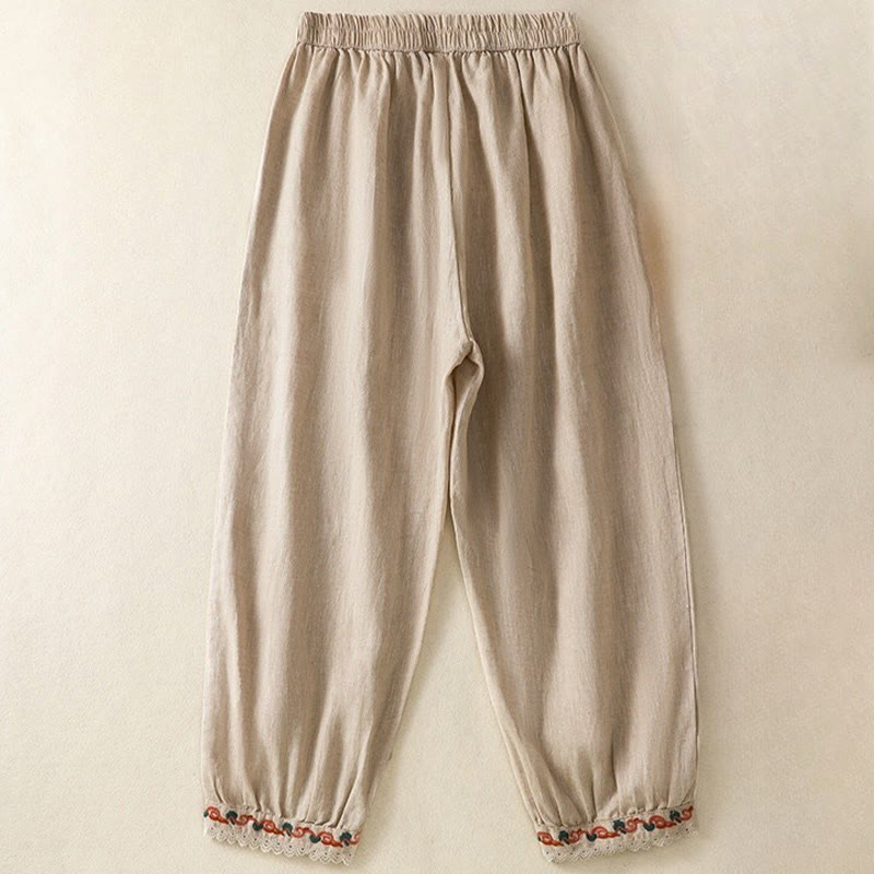 Buddha Stonesカジュアル 無地 レース サイドデザイン 7-8丈 コットンリネン レディース ハーレムパンツ ポケット付き - image 1