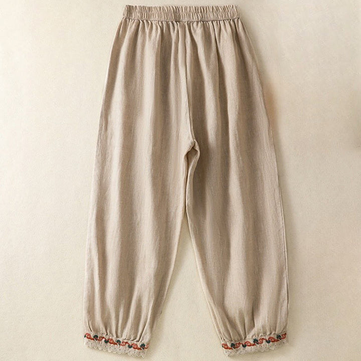 Buddha Stonesカジュアル 無地 レース サイドデザイン 7-8丈 コットンリネン レディース ハーレムパンツ ポケット付き - image 1