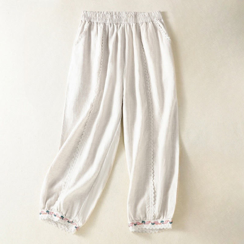 Buddha Stonesカジュアル 無地 レース サイドデザイン 7-8丈 コットンリネン レディース ハーレムパンツ ポケット付き - image 17