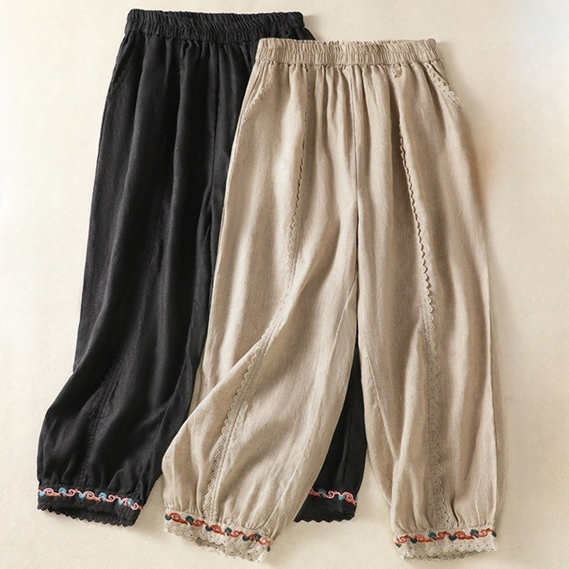 Buddha Stonesカジュアル 無地 レース サイドデザイン 7-8丈 コットンリネン レディース ハーレムパンツ ポケット付き - image 31