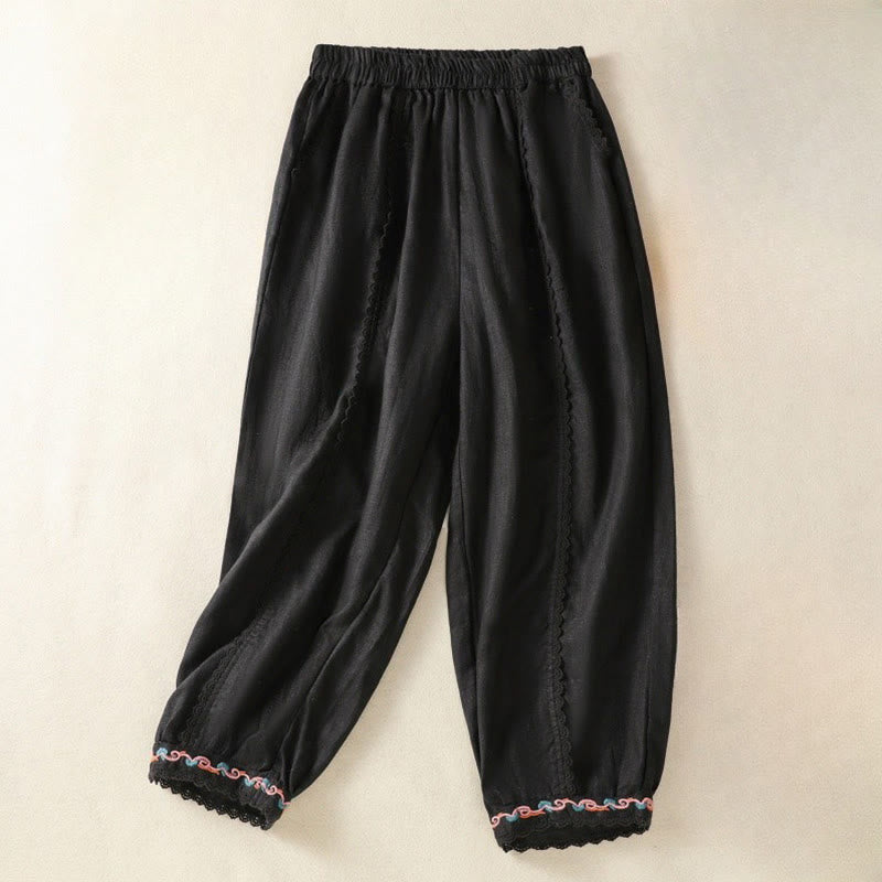 Buddha Stonesカジュアル 無地 レース サイドデザイン 7-8丈 コットンリネン レディース ハーレムパンツ ポケット付き - 黒 - US8-10，UK/AU12-14，EU40-42 (2XL) - image 24