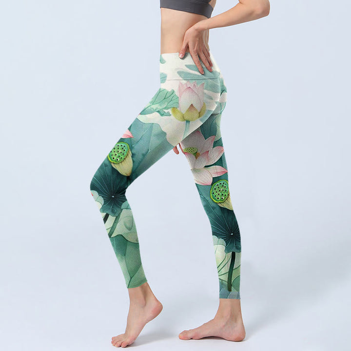 Buddha Stones、蓮の花、葉、蓮の鞘の柄プリントのジムレギンス、レディースヨガパンツ - image 3