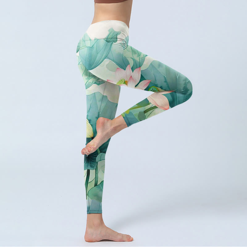 Buddha Stones、蓮の花、葉、蓮の鞘の柄プリントのジムレギンス、レディースヨガパンツ - image 5