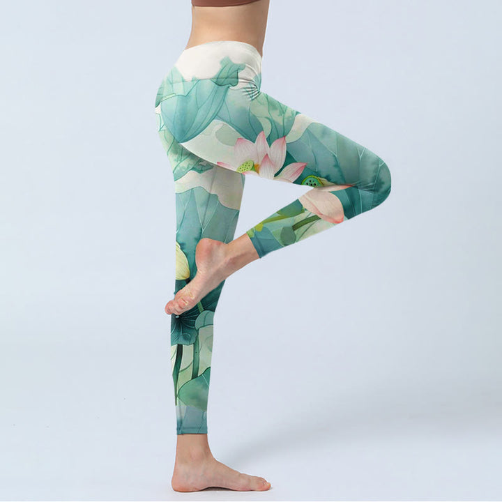 Buddha Stones、蓮の花、葉、蓮の鞘の柄プリントのジムレギンス、レディースヨガパンツ - image 5