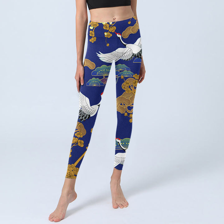 Buddha Stones、飛翔するタンチョウヅル、松の木、花柄プリントのジムレギンス、レディースヨガパンツ - image 6
