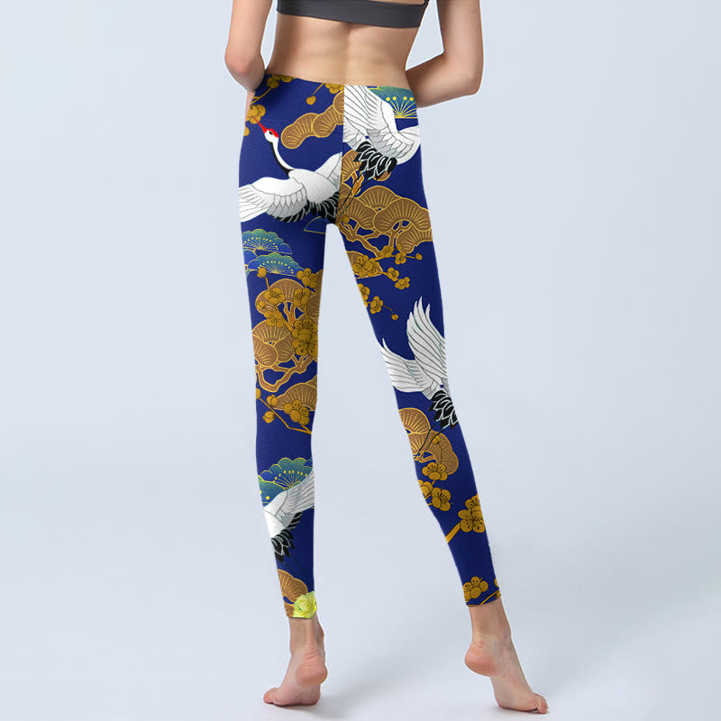 Buddha Stones、飛翔するタンチョウヅル、松の木、花柄プリントのジムレギンス、レディースヨガパンツ - image 7