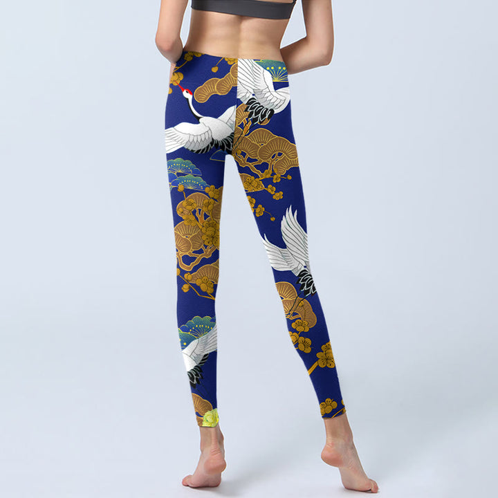 Buddha Stones、飛翔するタンチョウヅル、松の木、花柄プリントのジムレギンス、レディースヨガパンツ - image 7