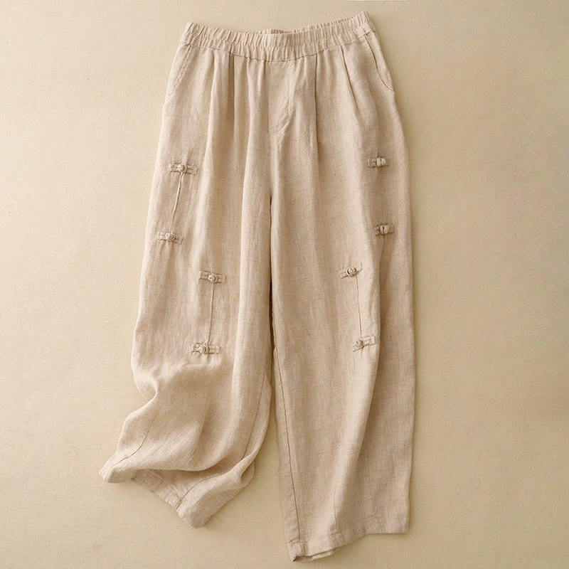 Buddha Stonesカジュアル 無地 フロッグボタンデザイン 7-8丈 コットンリネン レディース ハーレムパンツ ポケット付き - 小麦 - US8-10，UK/AU12-14，EU40-42 (2XL) - image 7