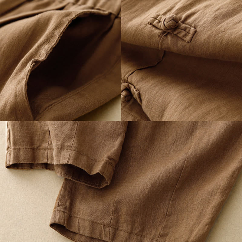 Buddha Stonesカジュアル 無地 フロッグボタンデザイン 7-8丈 コットンリネン レディース ハーレムパンツ ポケット付き - image 2