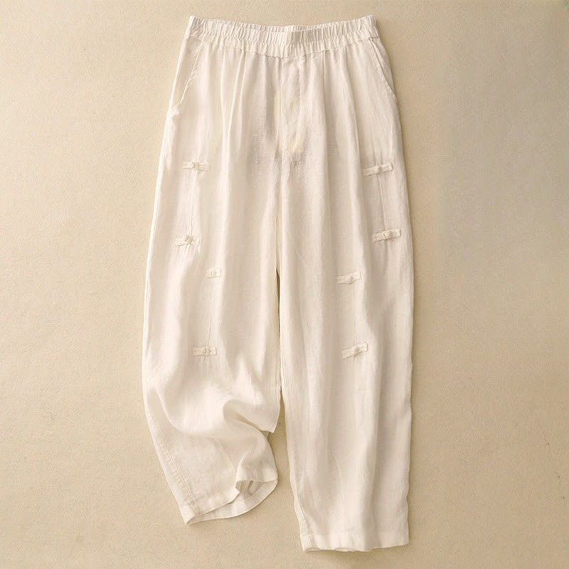 Buddha Stonesカジュアル 無地 フロッグボタンデザイン 7-8丈 コットンリネン レディース ハーレムパンツ ポケット付き - オールドレース - US8-10，UK/AU12-14，EU40-42 (2XL) - image 3
