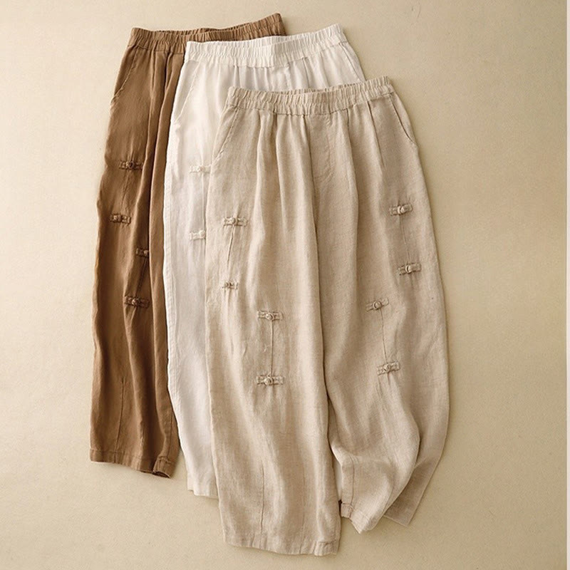 Buddha Stonesカジュアル 無地 フロッグボタンデザイン 7-8丈 コットンリネン レディース ハーレムパンツ ポケット付き - image 17