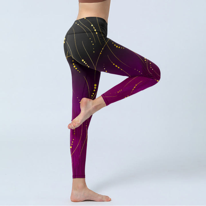 Buddha Stones抽象グラデーション細く長いゴールドライン柄プリントジムレギンスレディースヨガパンツ - image 5