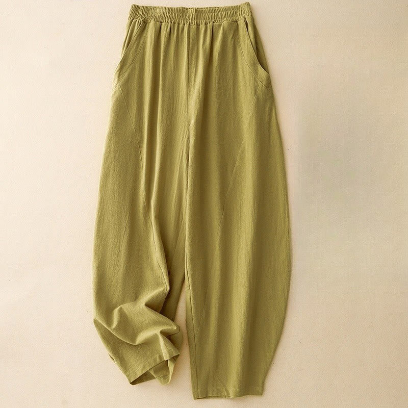 Buddha Stonesデイリー 無地 伸縮性ウエストバンド コットンリネン レディース パンツ ポケット付き - 黄緑 - US8-10，UK/AU12-14，EU40-42 (2XL) - image 0
