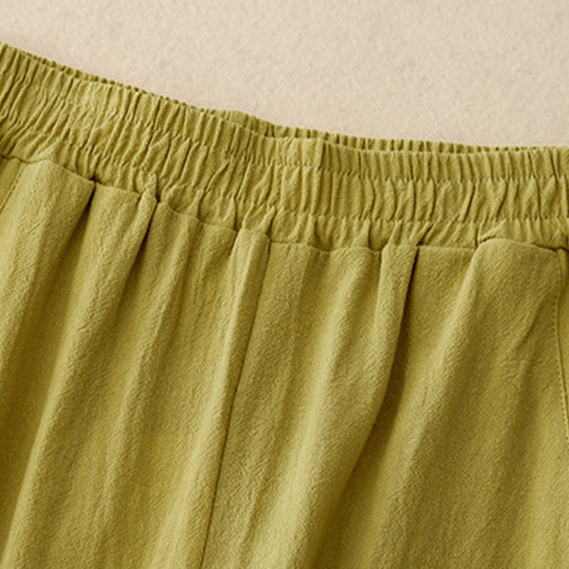 Buddha Stonesデイリー 無地 伸縮性ウエストバンド コットンリネン レディース パンツ ポケット付き - image 1