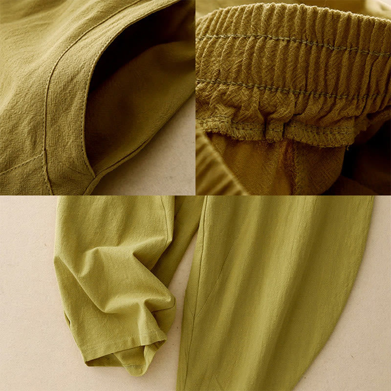 Buddha Stonesデイリー 無地 伸縮性ウエストバンド コットンリネン レディース パンツ ポケット付き - image 2