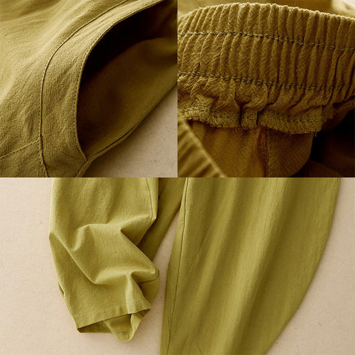 Buddha Stonesデイリー 無地 伸縮性ウエストバンド コットンリネン レディース パンツ ポケット付き - image 2