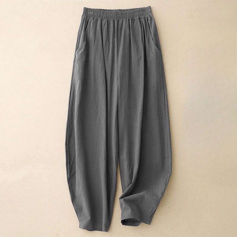 Buddha Stonesデイリー 無地 伸縮性ウエストバンド コットンリネン レディース パンツ ポケット付き - スレートグレー - US8-10，UK/AU12-14，EU40-42 (2XL) - image 3