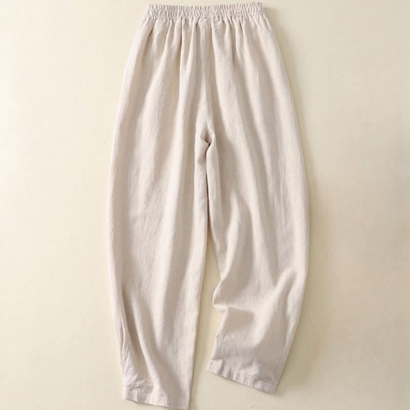 Buddha Stones多用途カジュアル 無地 伸縮性ウエストバンド コットンリネン レディース パンツ ポケット付き - image 1