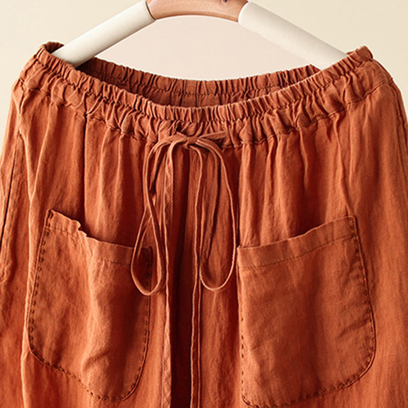 Buddha Stonesカジュアル 無地 シワデザイン ドローストリング 9丈 コットンリネン レディース ワイドレッグパンツ ポケット付き - image 2